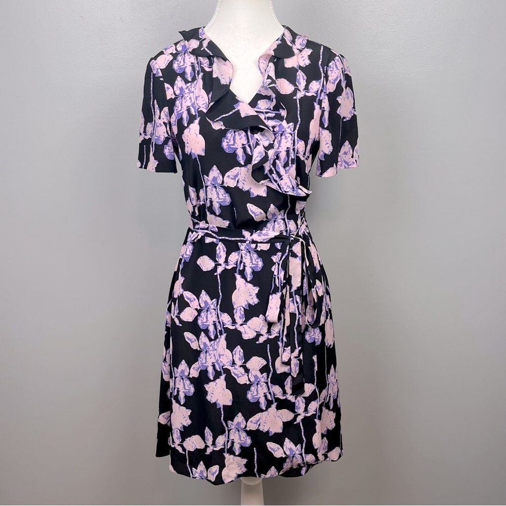 Diane Von Furstenburg black pink purple floral ruffle trim true wrap dress, XS.
